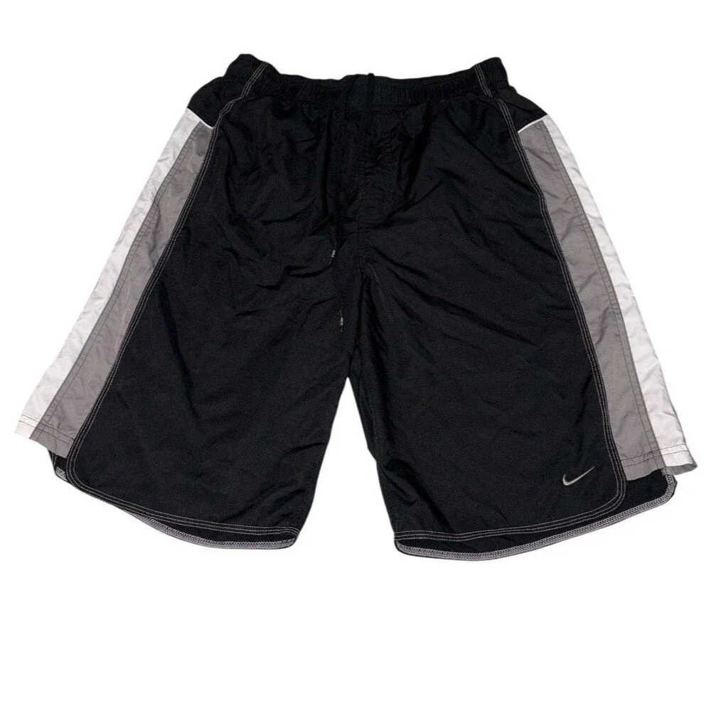Vintage Y2K Nike Swim Shorts Mens Medium Gray Tag Swim Trunks Black Logo Mesh